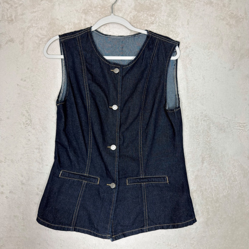 Dark Wash Denim Vest Womens Longline Button Front 90's Western Layering Top S